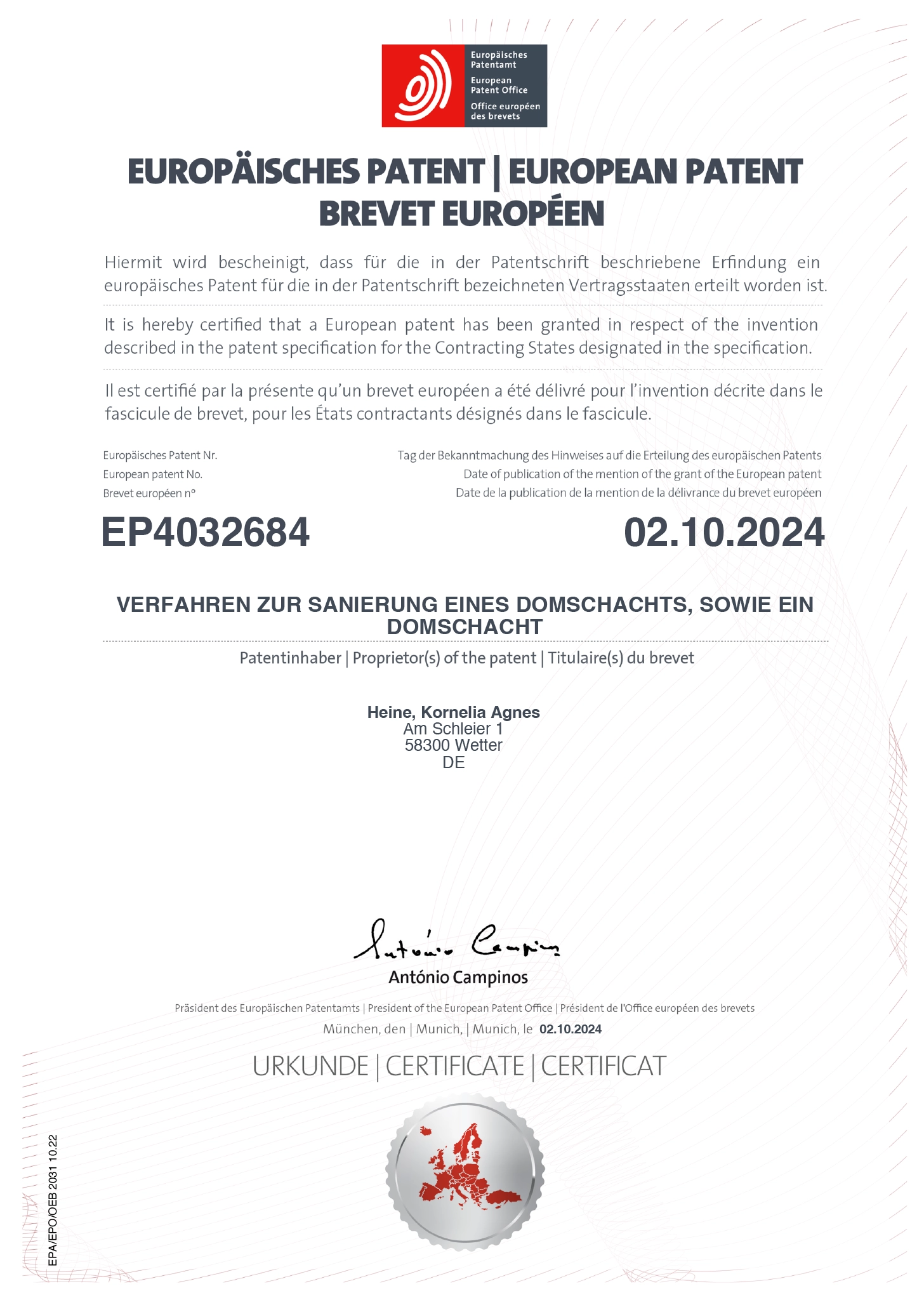 Kh tps domschachtsanierung patent